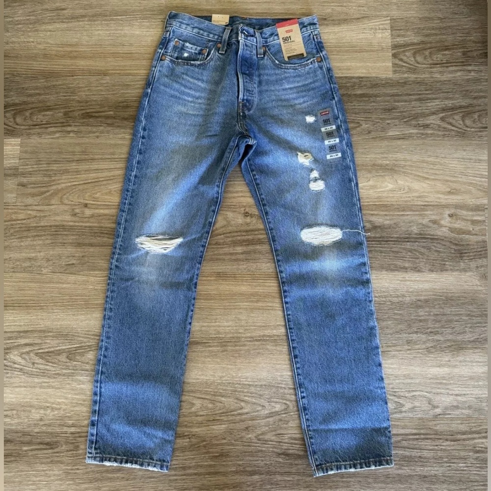 Levi's Women's 501 28x30 Original High Rise Straight Leg Distressed Jeans Blue